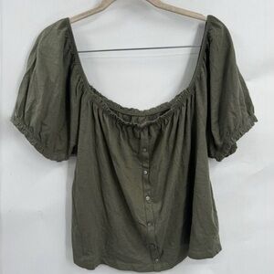 NEW American Eagle Boho Crop Top Olive Green Puff Shoulder Casual Faux Button XS